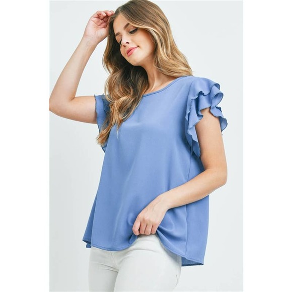 Boutique Tops - Blue Ruffle Short Sleeve Blouse
